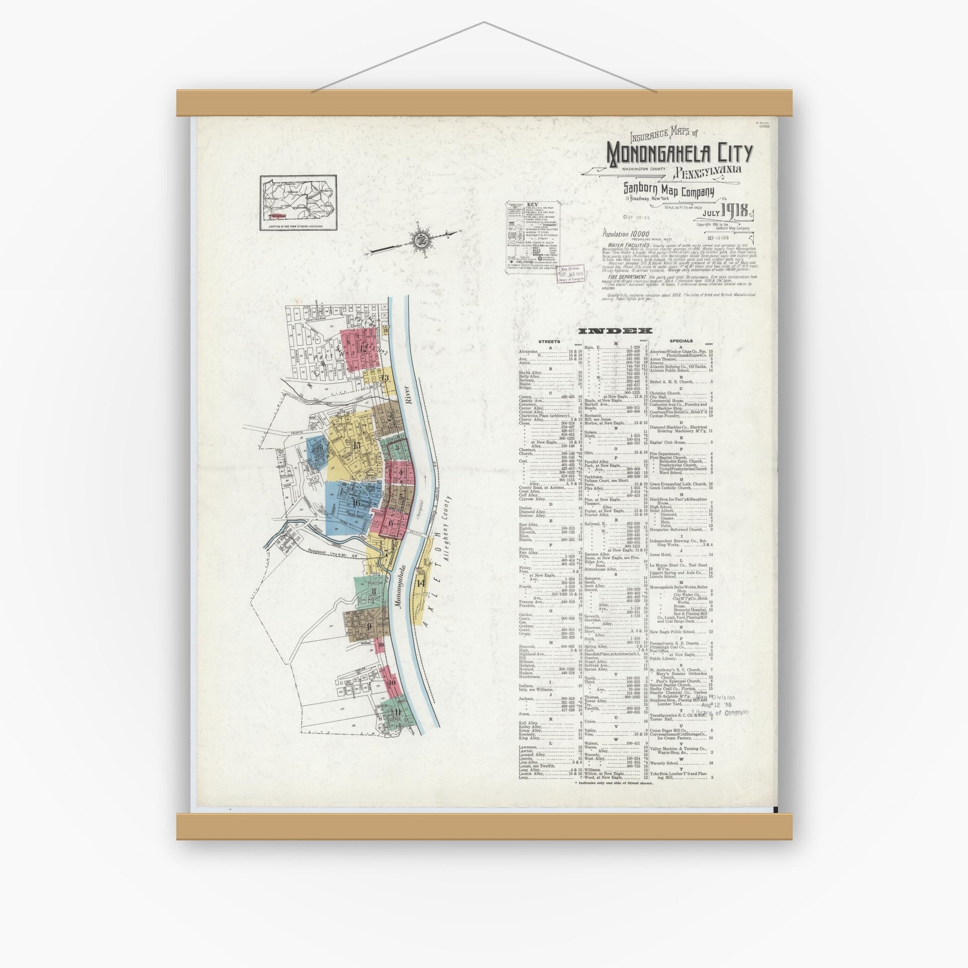 Old map wall art mockup — magnetic wood frame on white wall — Sanborn Fire Insurance Map from Monongahela City, Washington County, Pennsylvania (1918), Sheet #0001