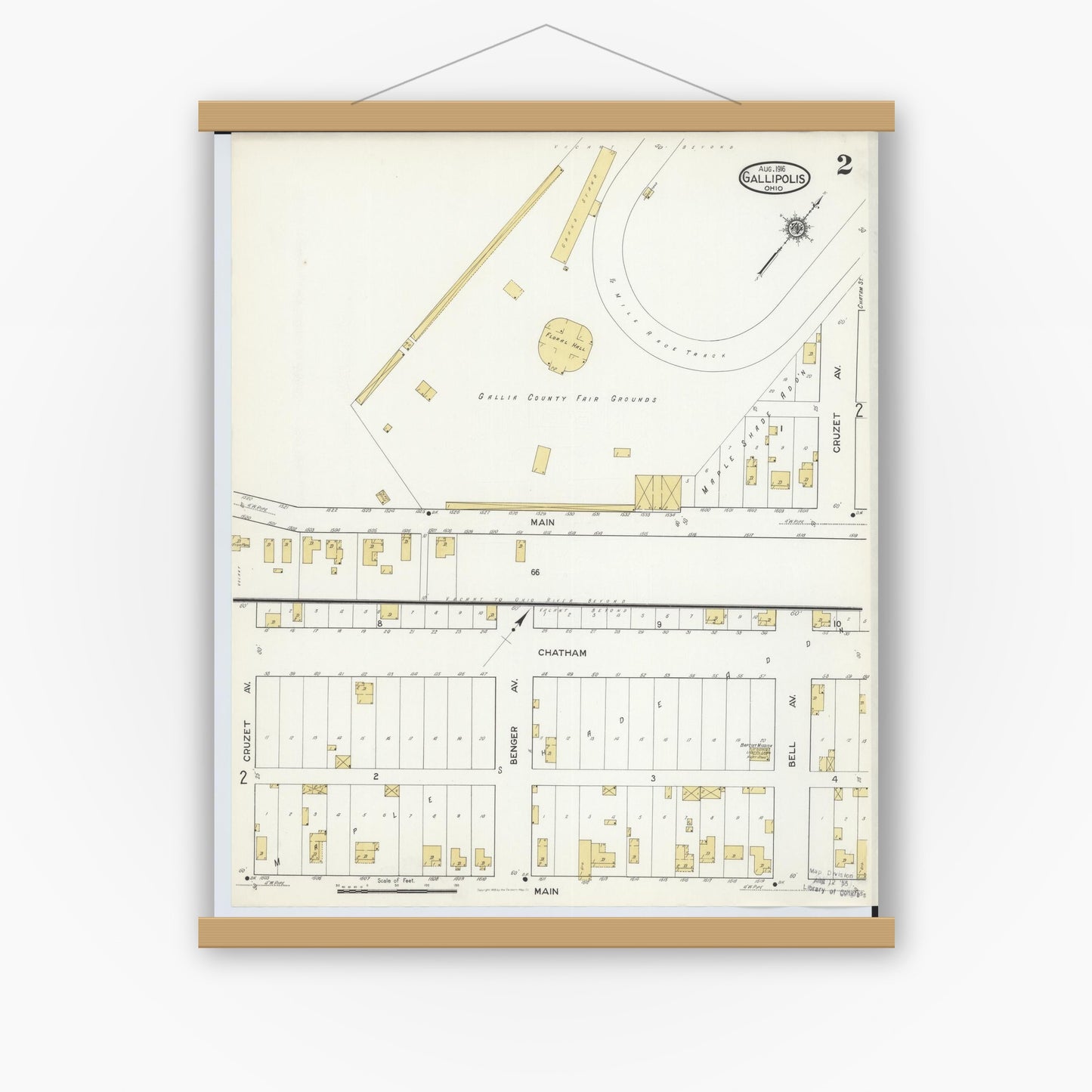 Old map wall art mockup — magnetic wood frame on white wall — Sanborn Fire Insurance Map from Gallipolis, Gallia County, Ohio (1916), Sheet #0002