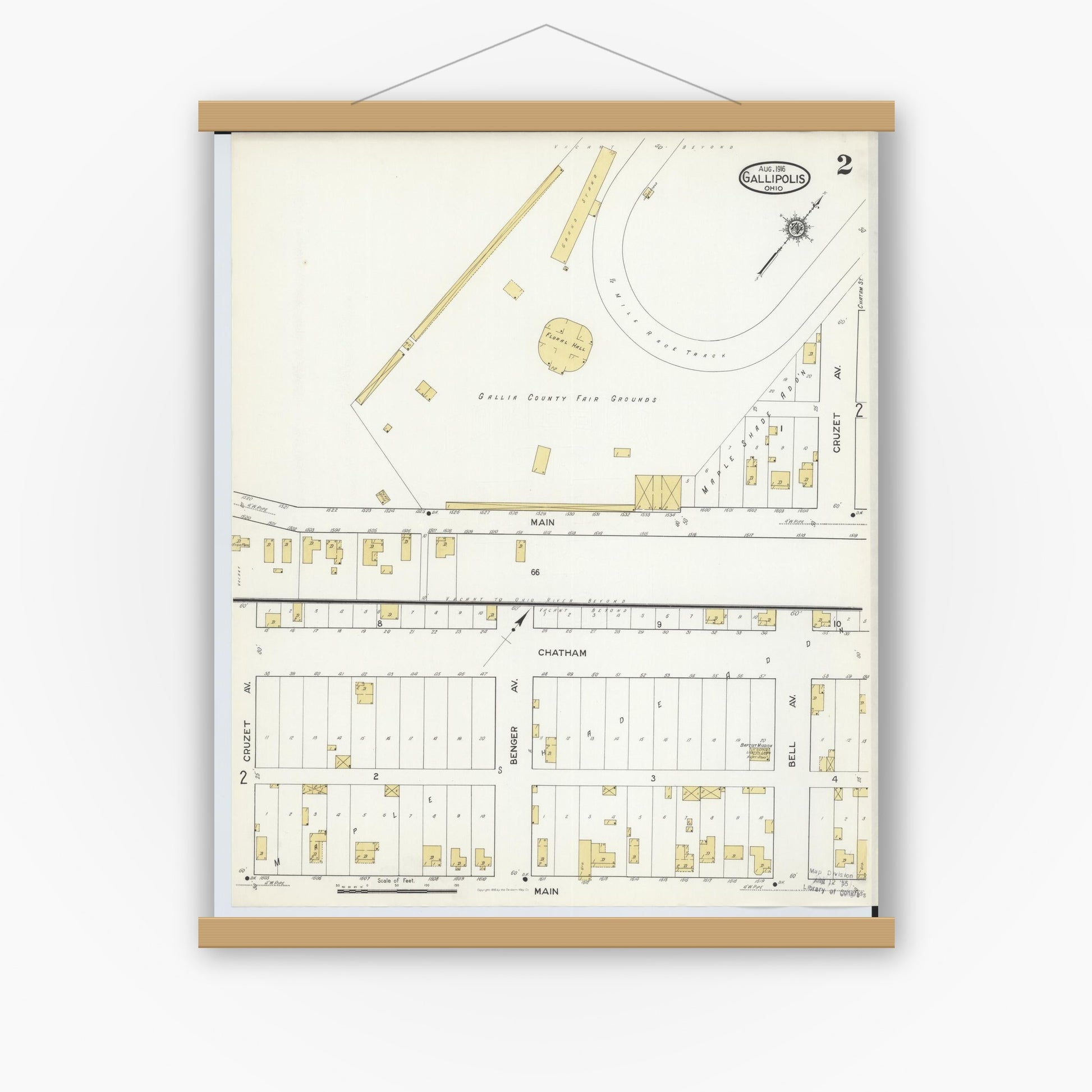 Old map wall art mockup — magnetic wood frame on white wall — Sanborn Fire Insurance Map from Gallipolis, Gallia County, Ohio (1916), Sheet #0002