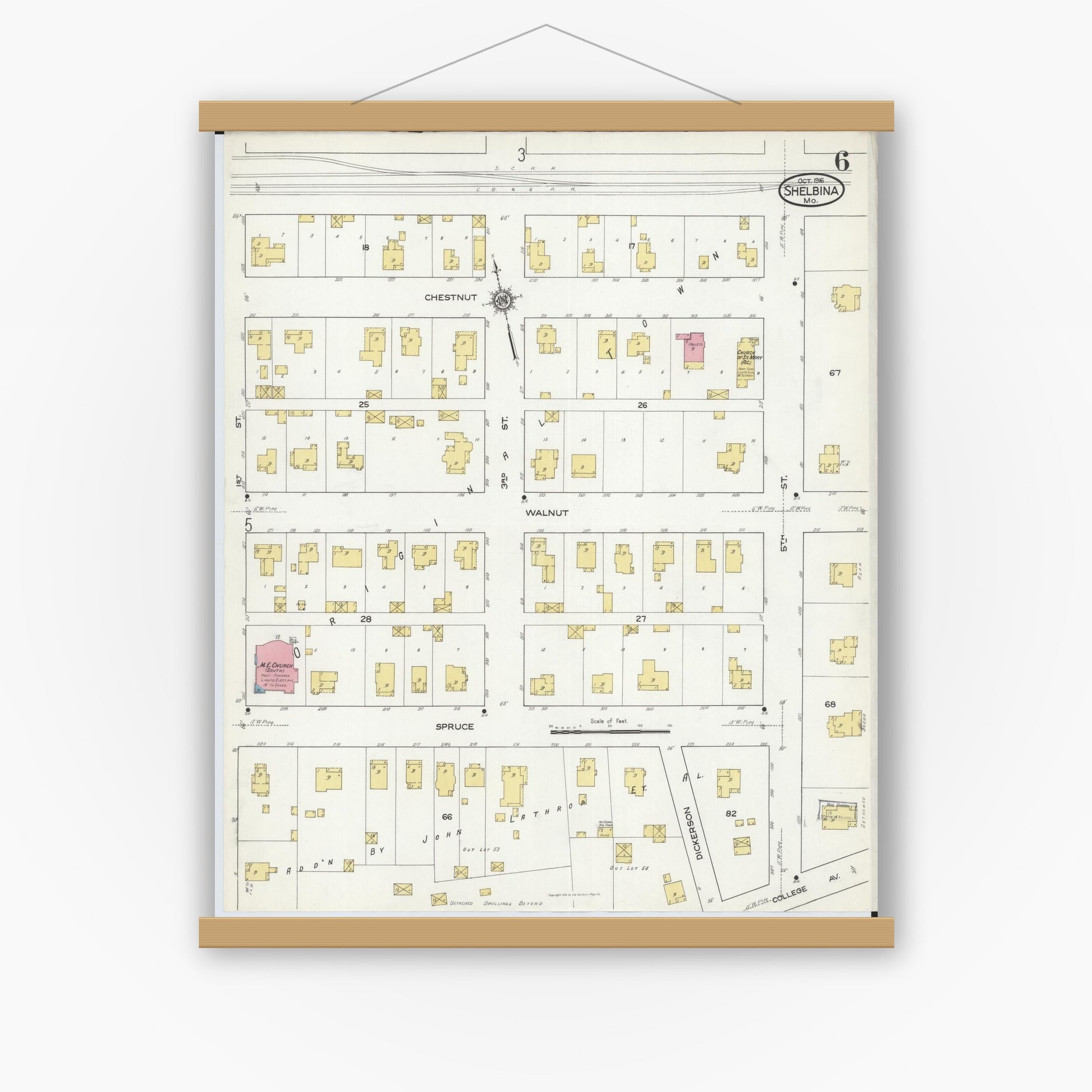Old map wall art mockup — magnetic wood frame on white wall — Sanborn Fire Insurance Map from Shelbina, Shelby County, Missouri (1916), Sheet #0006