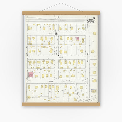 Old map wall art mockup — magnetic wood frame on white wall — Sanborn Fire Insurance Map from Shelbina, Shelby County, Missouri (1916), Sheet #0006