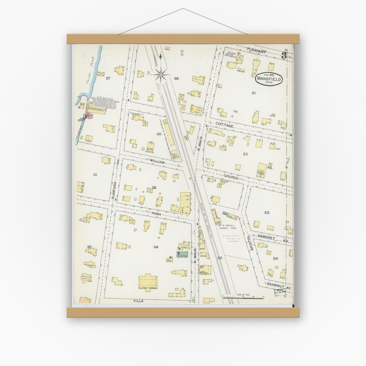 Old map wall art mockup — magnetic wood frame on white wall — Sanborn Fire Insurance Map from Mansfield, Bristol County, Massachusetts (1892), Sheet #0003