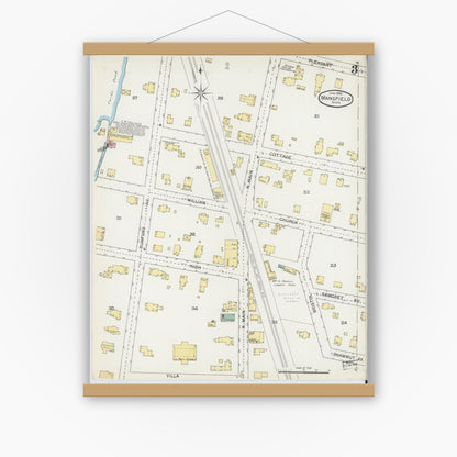 Old map wall art mockup — magnetic wood frame on white wall — Sanborn Fire Insurance Map from Mansfield, Bristol County, Massachusetts (1892), Sheet #0003