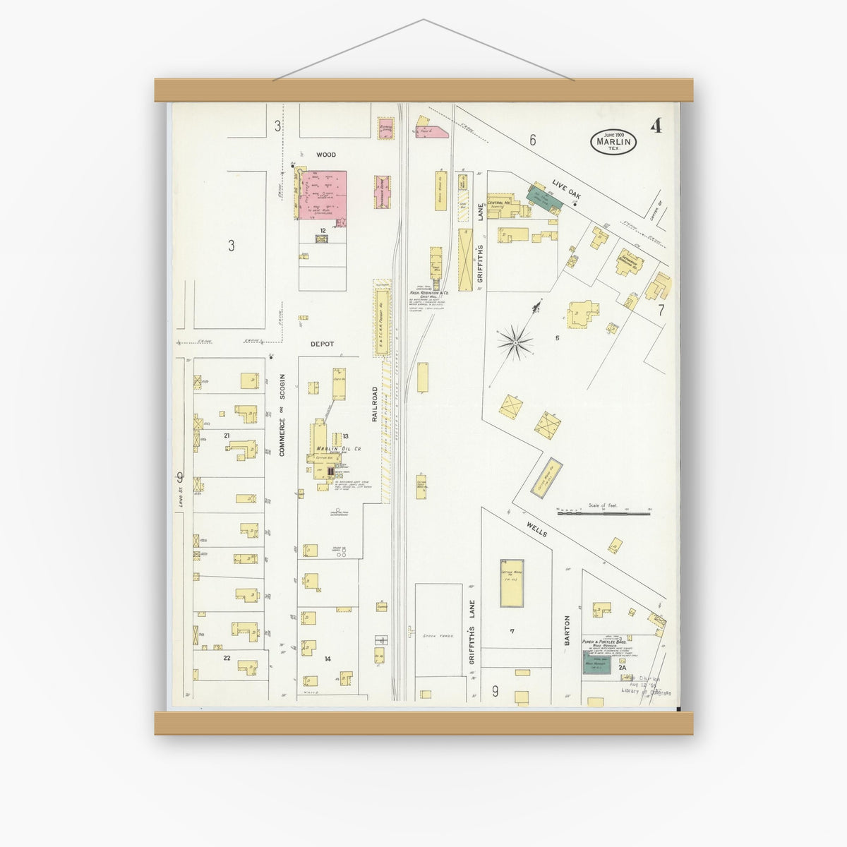 Old map wall art mockup — magnetic wood frame on white wall — Sanborn Fire Insurance Map from Marlin, Falls County, Texas (1909), Sheet #0004