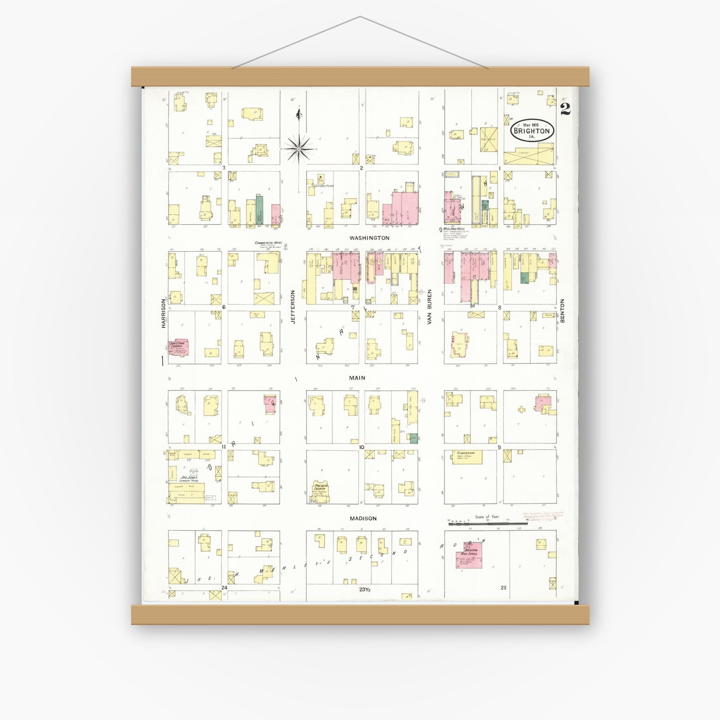 Old map wall art mockup — magnetic wood frame on white wall — Sanborn Fire Insurance Map from Brighton, Washington County, Iowa (1909), Sheet #0002
