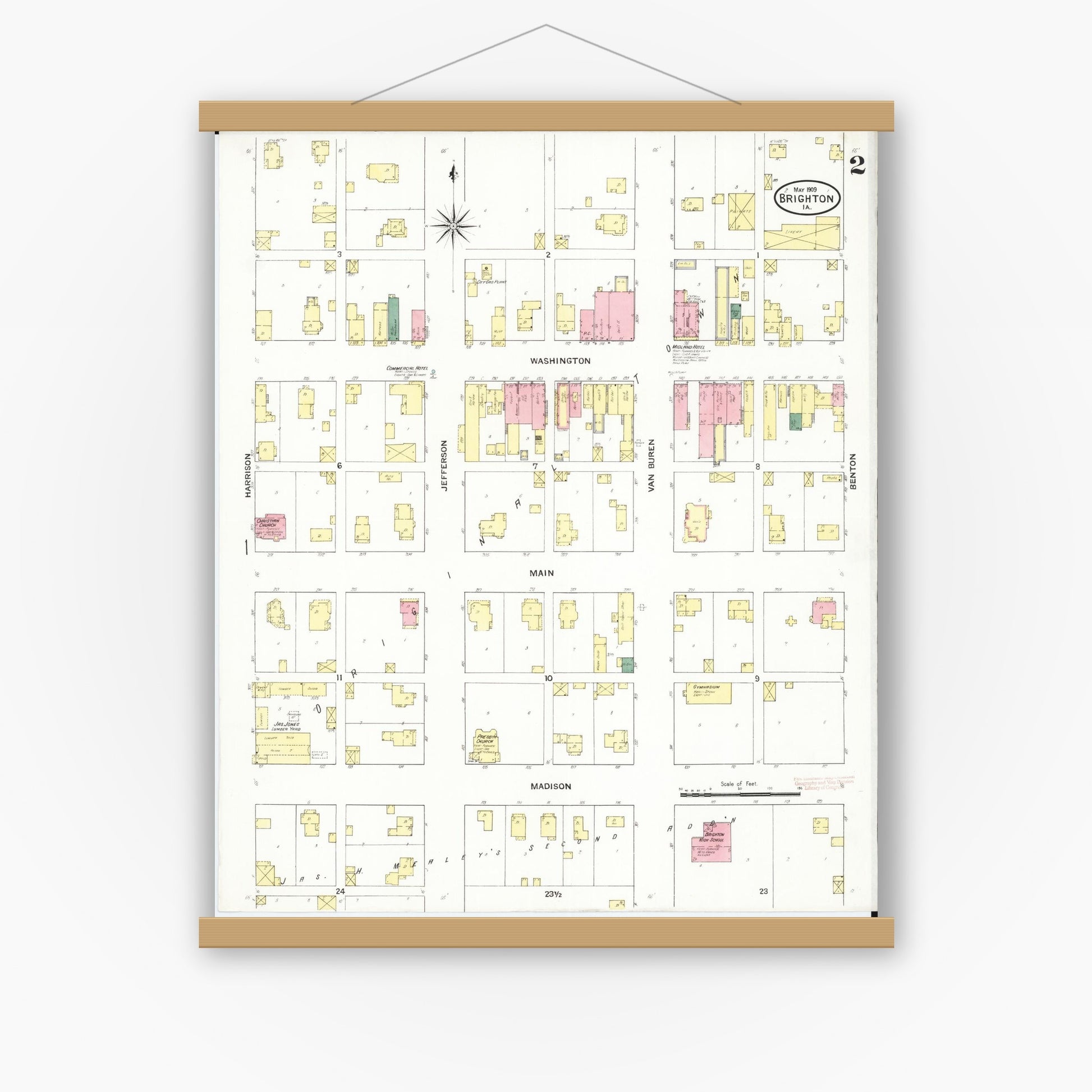 Old map wall art mockup — magnetic wood frame on white wall — Sanborn Fire Insurance Map from Brighton, Washington County, Iowa (1909), Sheet #0002