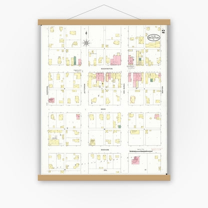 Old map wall art mockup — magnetic wood frame on white wall — Sanborn Fire Insurance Map from Brighton, Washington County, Iowa (1909), Sheet #0002