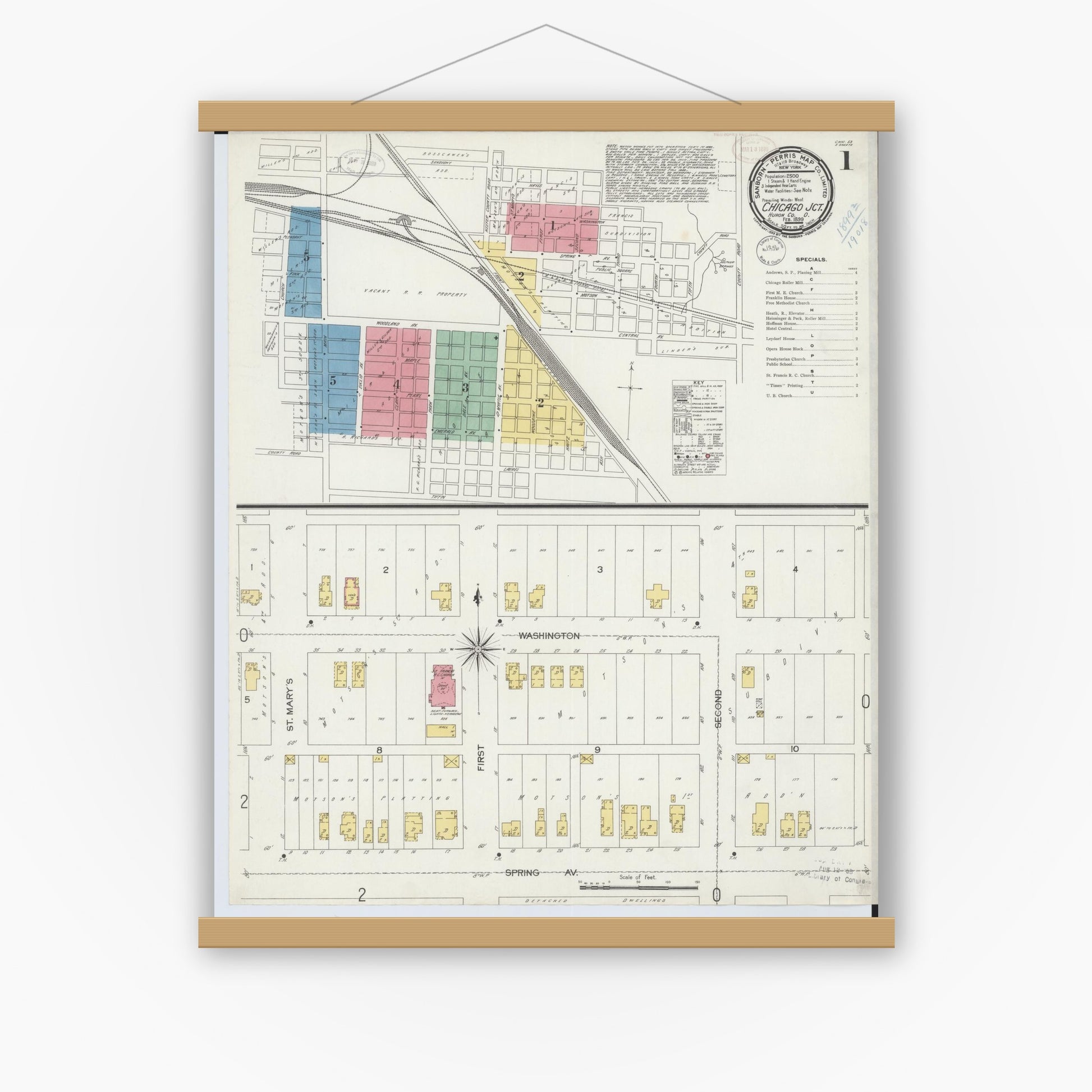 Old map wall art mockup — magnetic wood frame on white wall — Sanborn Fire Insurance Map from Chicago Junction, Huron County, Ohio (1899), Sheet #0001