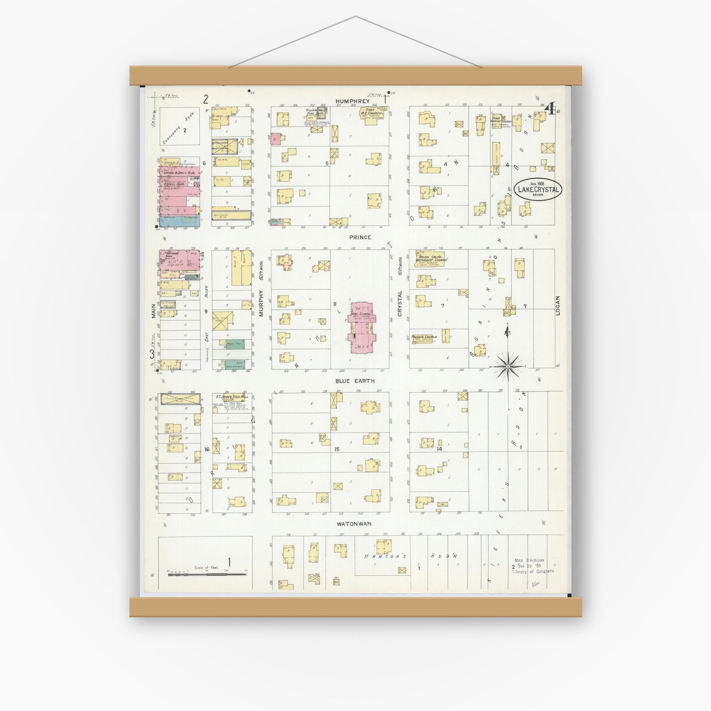 Old map wall art mockup — magnetic wood frame on white wall — Sanborn Fire Insurance Map from Lake Crystal, Blue Earth County, Minnesota (1908), Sheet #0004
