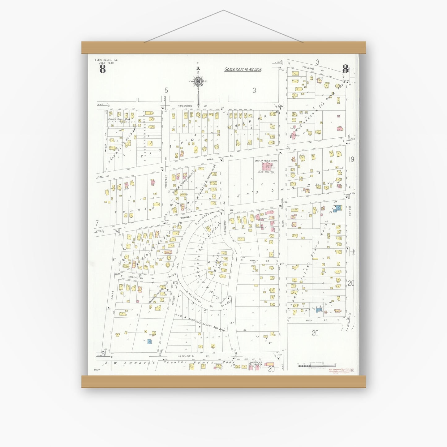 Old map wall art mockup — magnetic wood frame on white wall — Sanborn Fire Insurance Map from Glen Ellyn, Du Page County, Illinois (1940), Sheet #0008