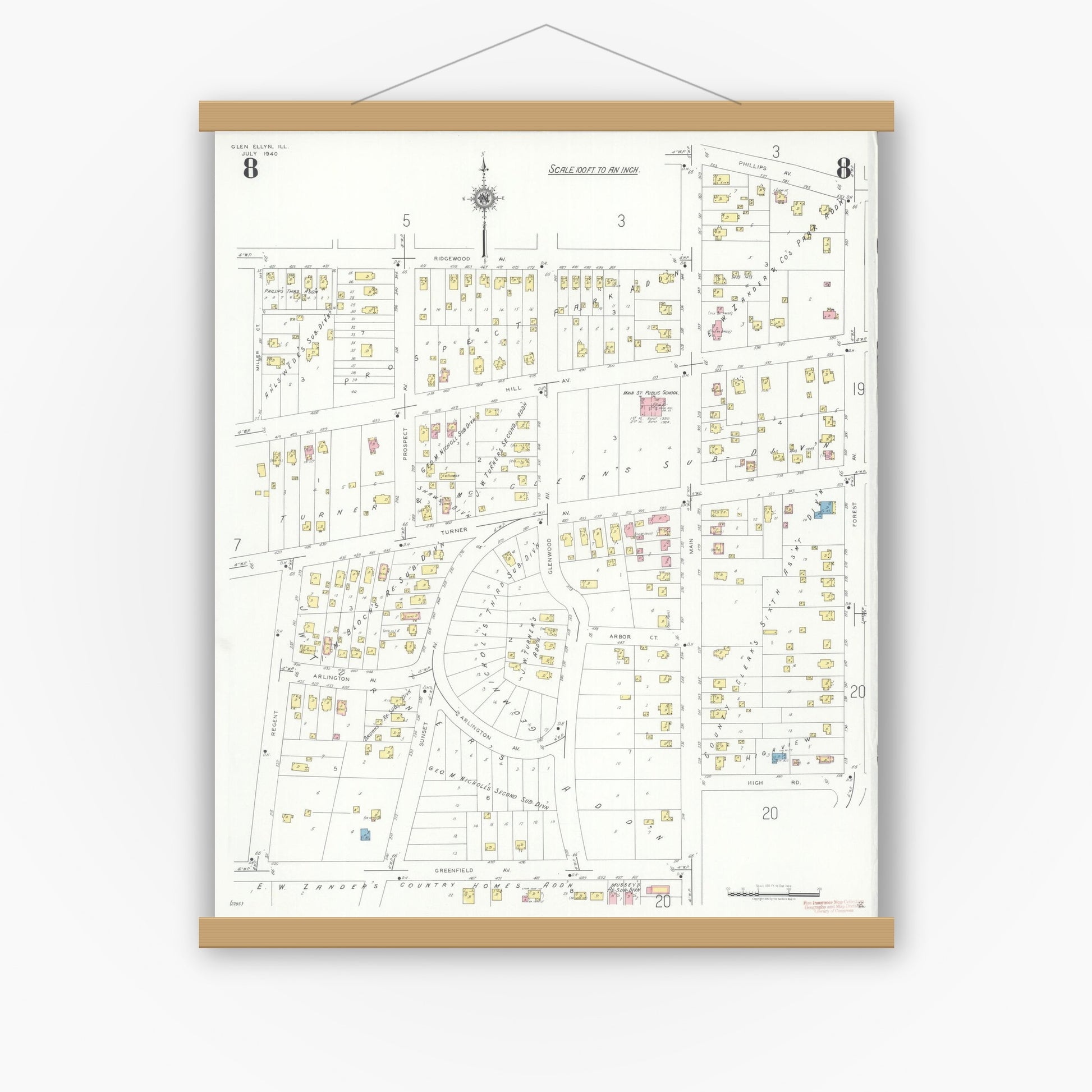 Old map wall art mockup — magnetic wood frame on white wall — Sanborn Fire Insurance Map from Glen Ellyn, Du Page County, Illinois (1940), Sheet #0008