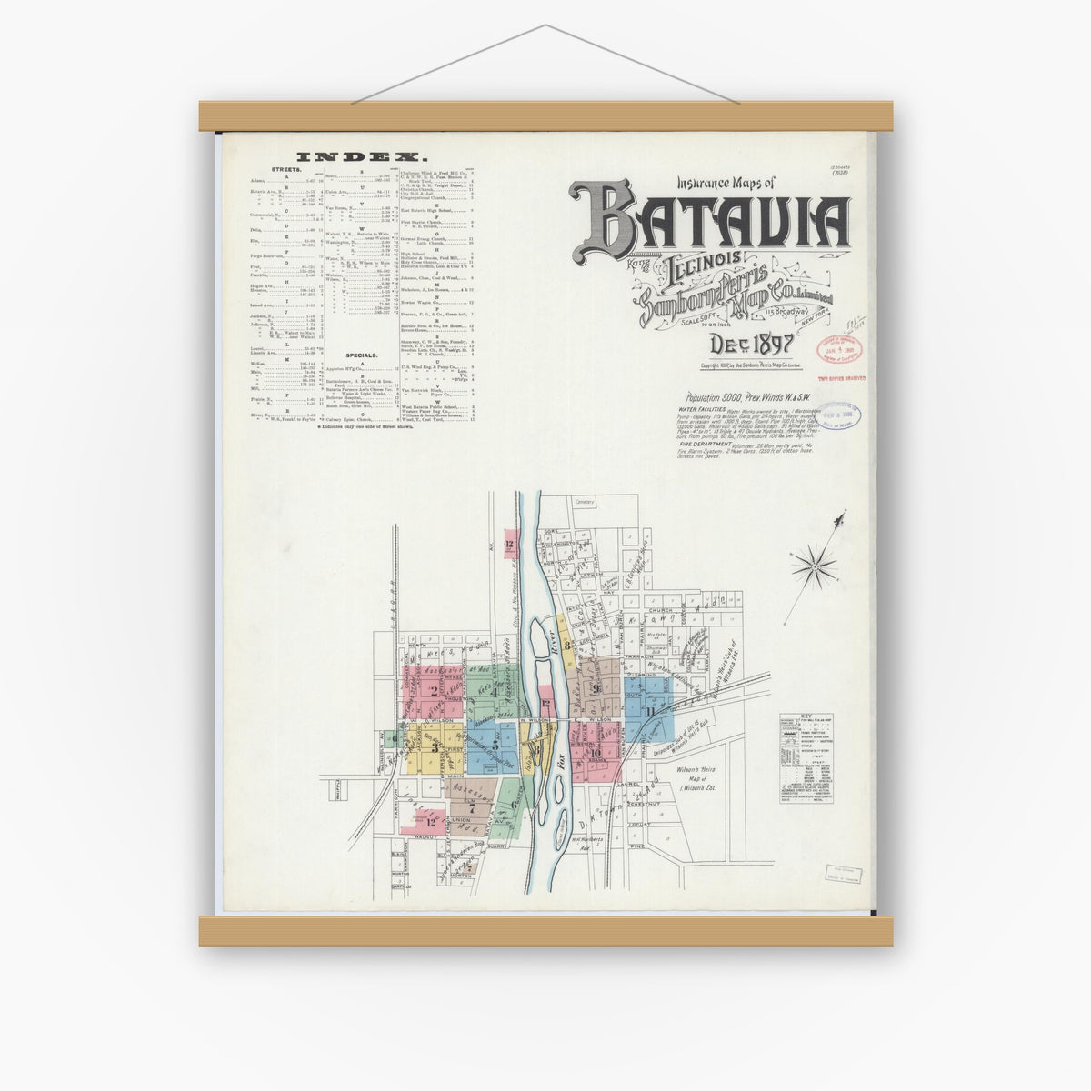 Old map wall art mockup — magnetic wood frame on white wall — Sanborn Fire Insurance Map from Batavia, Kane County, Illinois (1897), Sheet #0001