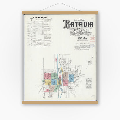 Old map wall art mockup — magnetic wood frame on white wall — Sanborn Fire Insurance Map from Batavia, Kane County, Illinois (1897), Sheet #0001