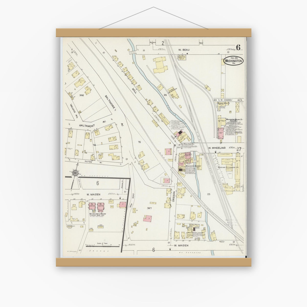 Old map wall art mockup — magnetic wood frame on white wall — Sanborn Fire Insurance Map from Washington, Washington County, Pennsylvania (1914), Sheet #0006