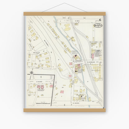 Old map wall art mockup — magnetic wood frame on white wall — Sanborn Fire Insurance Map from Washington, Washington County, Pennsylvania (1914), Sheet #0006