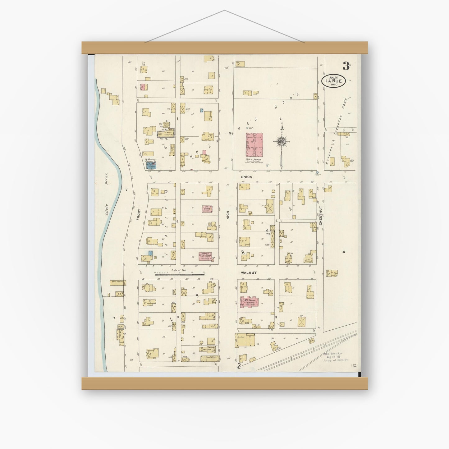 Old map wall art mockup — magnetic wood frame on white wall — Sanborn Fire Insurance Map from La Rue, Marion County, Ohio (1911), Sheet #0003