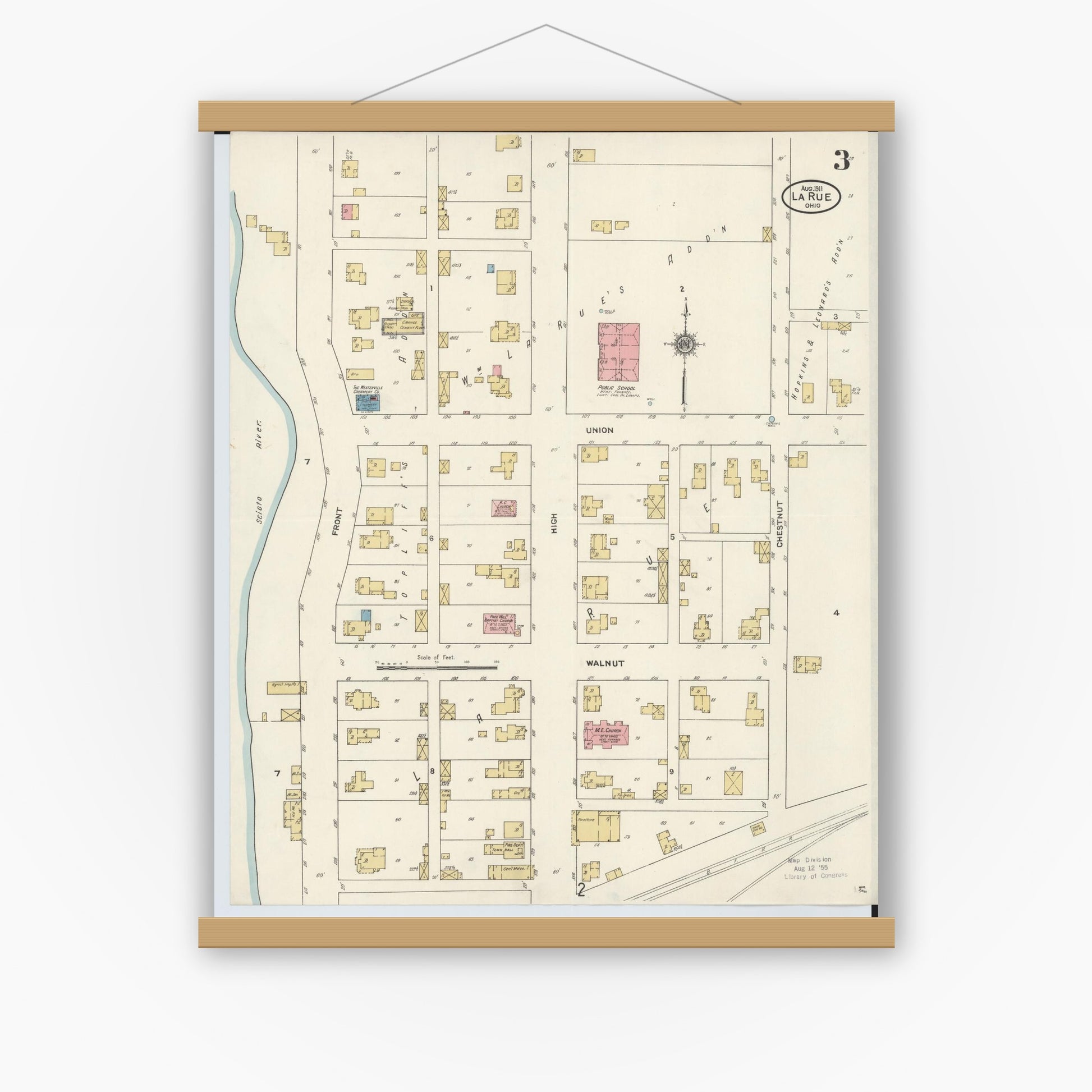 Old map wall art mockup — magnetic wood frame on white wall — Sanborn Fire Insurance Map from La Rue, Marion County, Ohio (1911), Sheet #0003