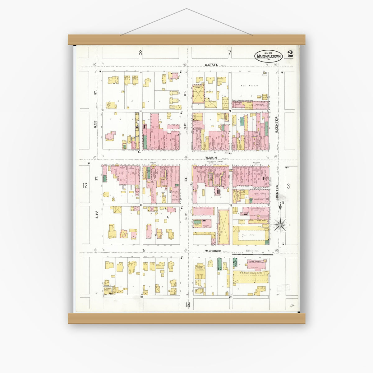 Old map wall art mockup — magnetic wood frame on white wall — Sanborn Fire Insurance Map from Marshalltown, Marshall County, Iowa (1901), Sheet #0002