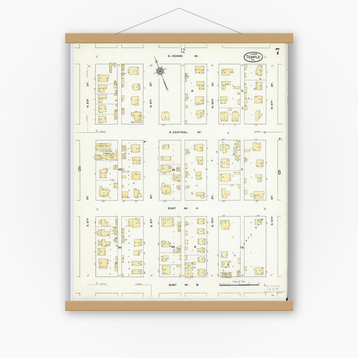 Old map wall art mockup — magnetic wood frame on white wall — Sanborn Fire Insurance Map from Temple, Bell County, Texas (1910), Sheet #0007