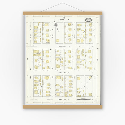 Old map wall art mockup — magnetic wood frame on white wall — Sanborn Fire Insurance Map from Temple, Bell County, Texas (1910), Sheet #0007