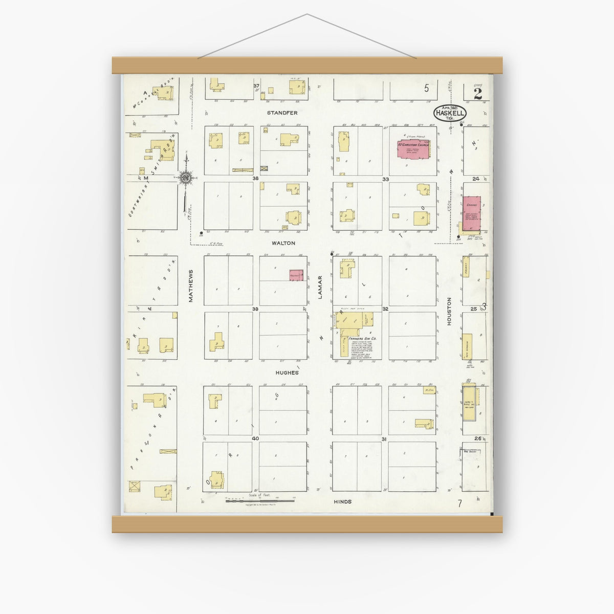 Old map wall art mockup — magnetic wood frame on white wall — Sanborn Fire Insurance Map from Haskell, Haskell County, Texas (1921), Sheet #0002