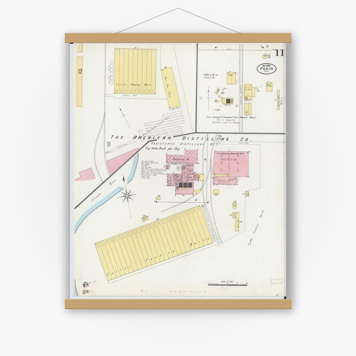 Old map wall art mockup — magnetic wood frame on white wall — Sanborn Fire Insurance Map from Pekin, Tazewell County, Illinois (1898), Sheet #0011