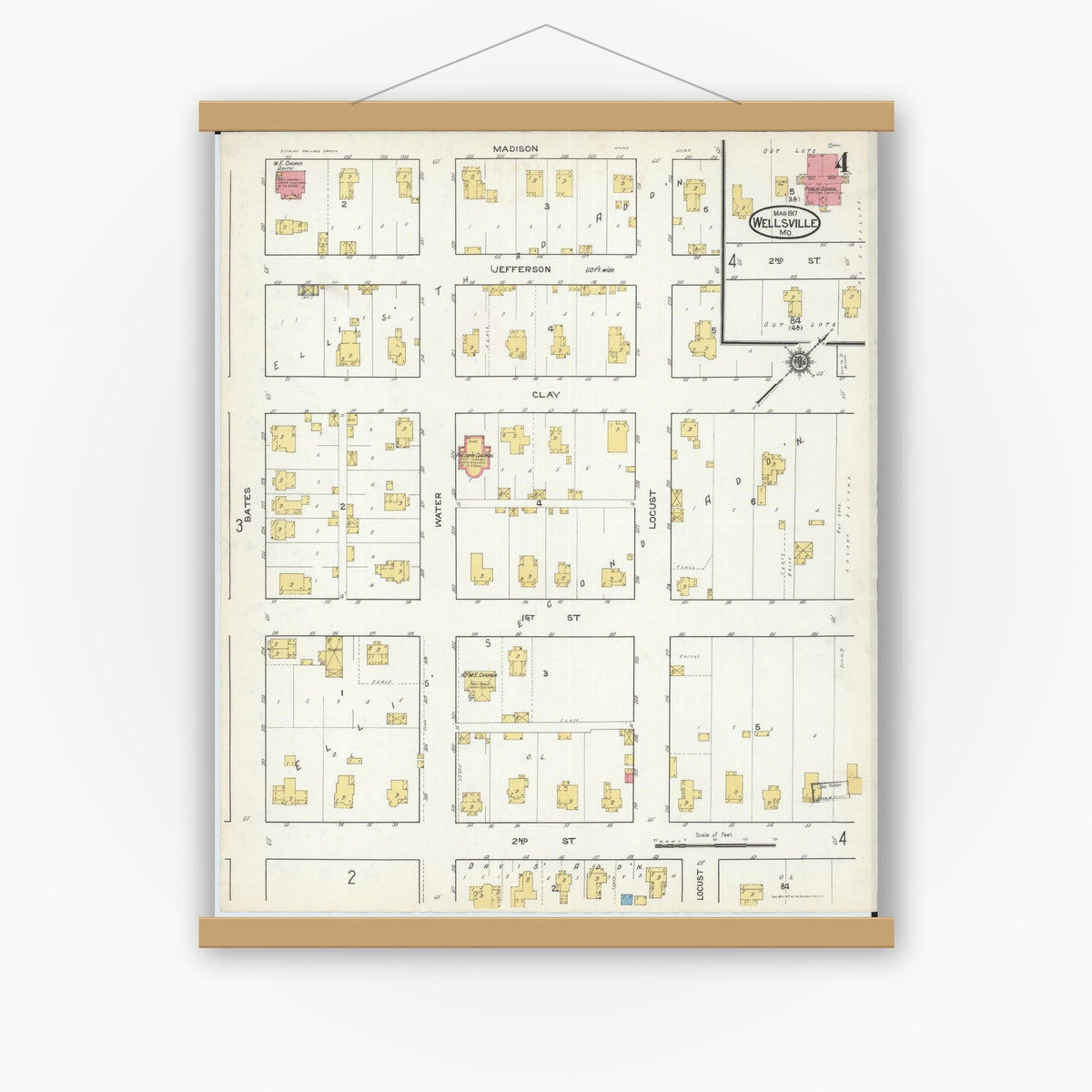 Old map wall art mockup — magnetic wood frame on white wall — Sanborn Fire Insurance Map from Wellsville, Montgomery County, Missouri (1917), Sheet #0004