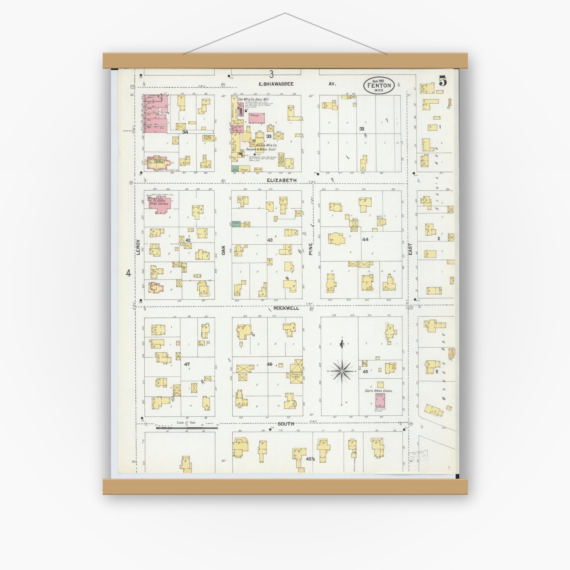 Old map wall art mockup — magnetic wood frame on white wall — Sanborn Fire Insurance Map from Fenton, Genesee County, Michigan (1901), Sheet #0005