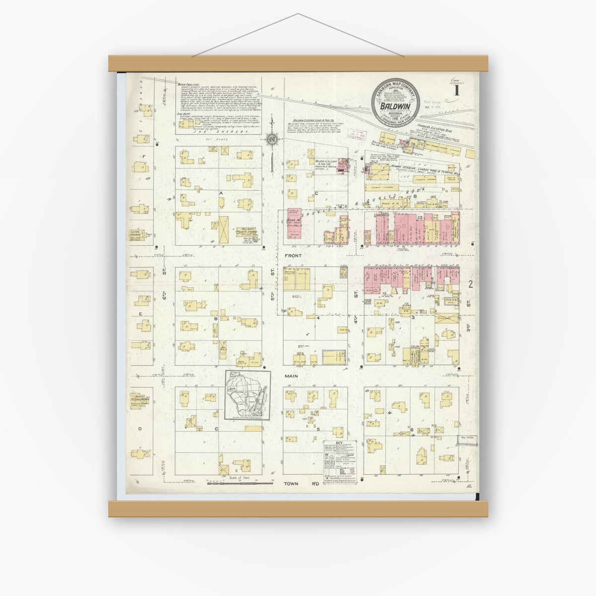 Old map wall art mockup — magnetic wood frame on white wall — Sanborn Fire Insurance Map from Baldwin, St. Croix County, Wisconsin (1912), Sheet #0001