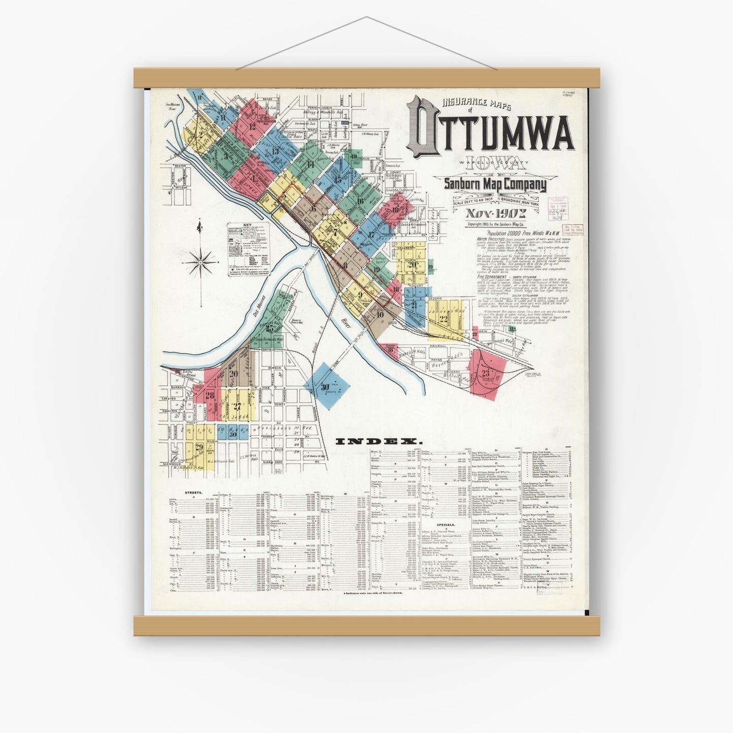 Old map wall art mockup — magnetic wood frame on white wall — Sanborn Fire Insurance Map from Ottumwa, Wapello County, Iowa (1902), Sheet #0001