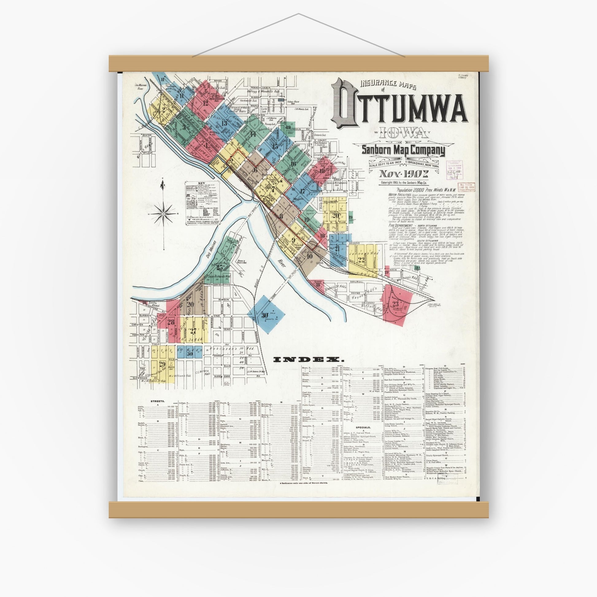 Old map wall art mockup — magnetic wood frame on white wall — Sanborn Fire Insurance Map from Ottumwa, Wapello County, Iowa (1902), Sheet #0001