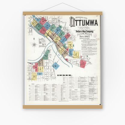 Old map wall art mockup — magnetic wood frame on white wall — Sanborn Fire Insurance Map from Ottumwa, Wapello County, Iowa (1902), Sheet #0001
