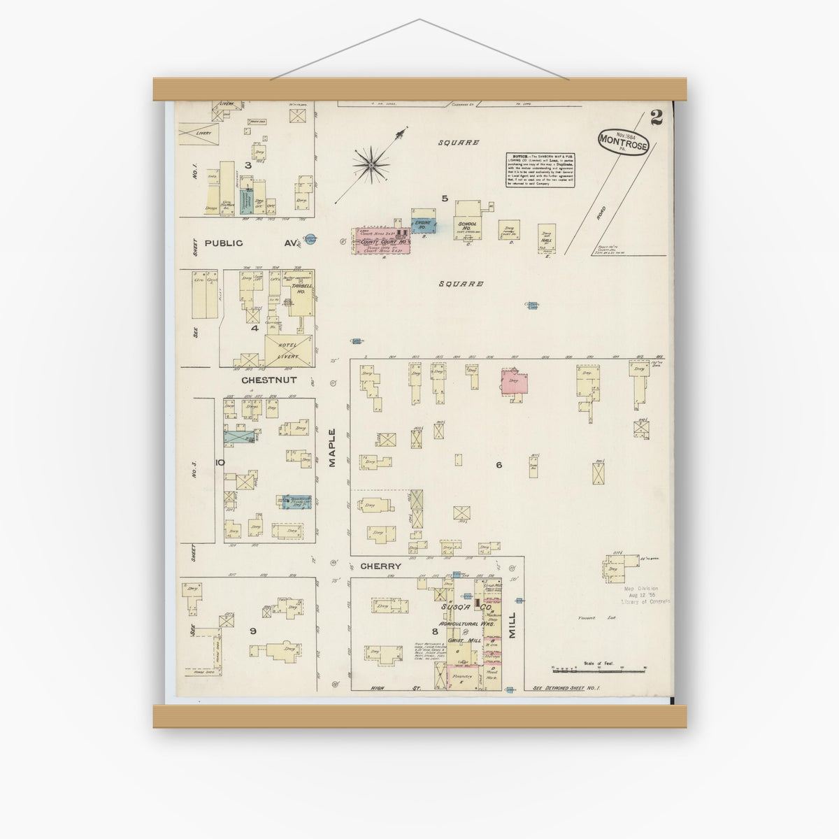 Old map wall art mockup — magnetic wood frame on white wall — Sanborn Fire Insurance Map from Montrose, Susquehanna County, Pennsylvania (1884), Sheet #0002