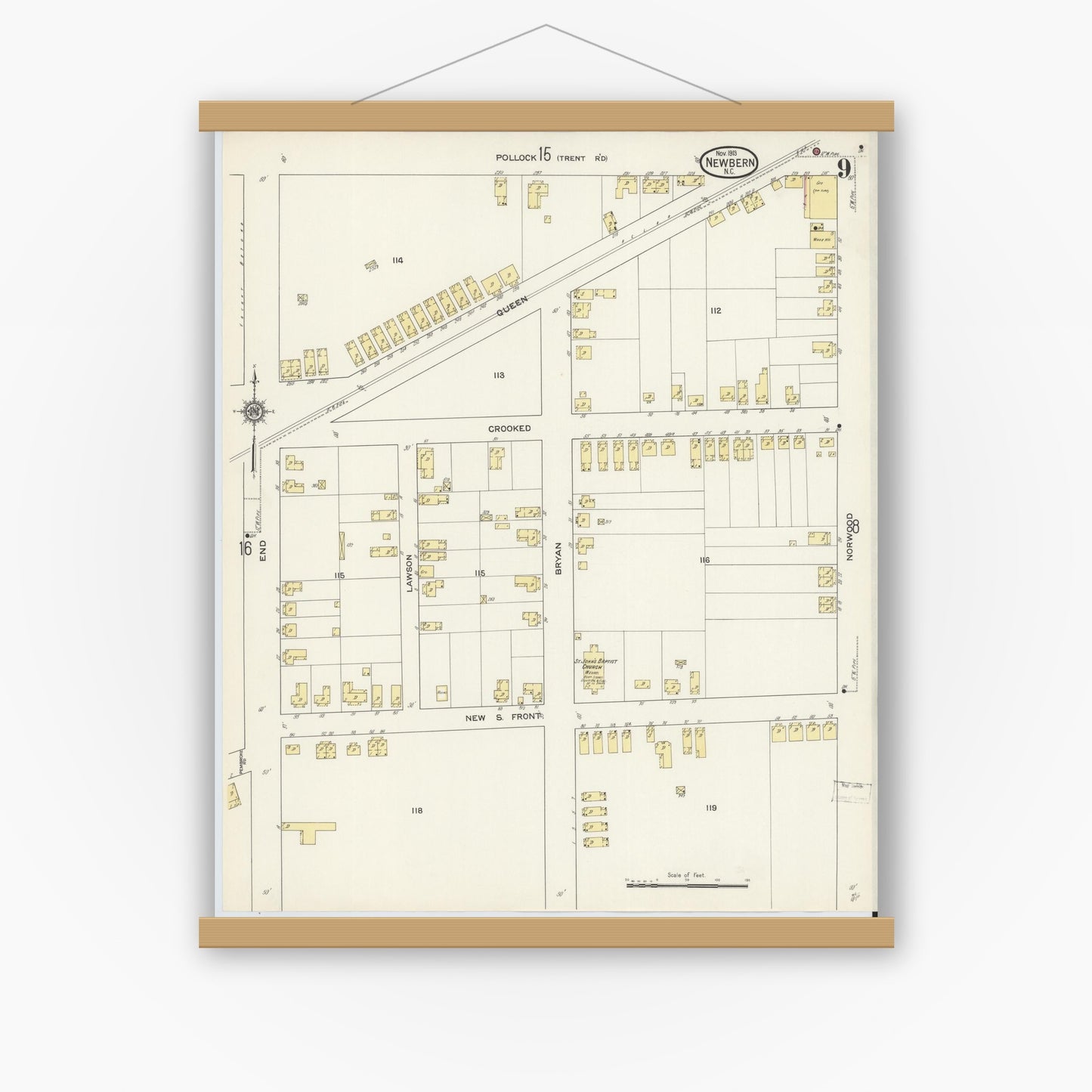 Old map wall art mockup — magnetic wood frame on white wall — Sanborn Fire Insurance Map from New Bern, Craven County, North Carolina (1913), Sheet #0009
