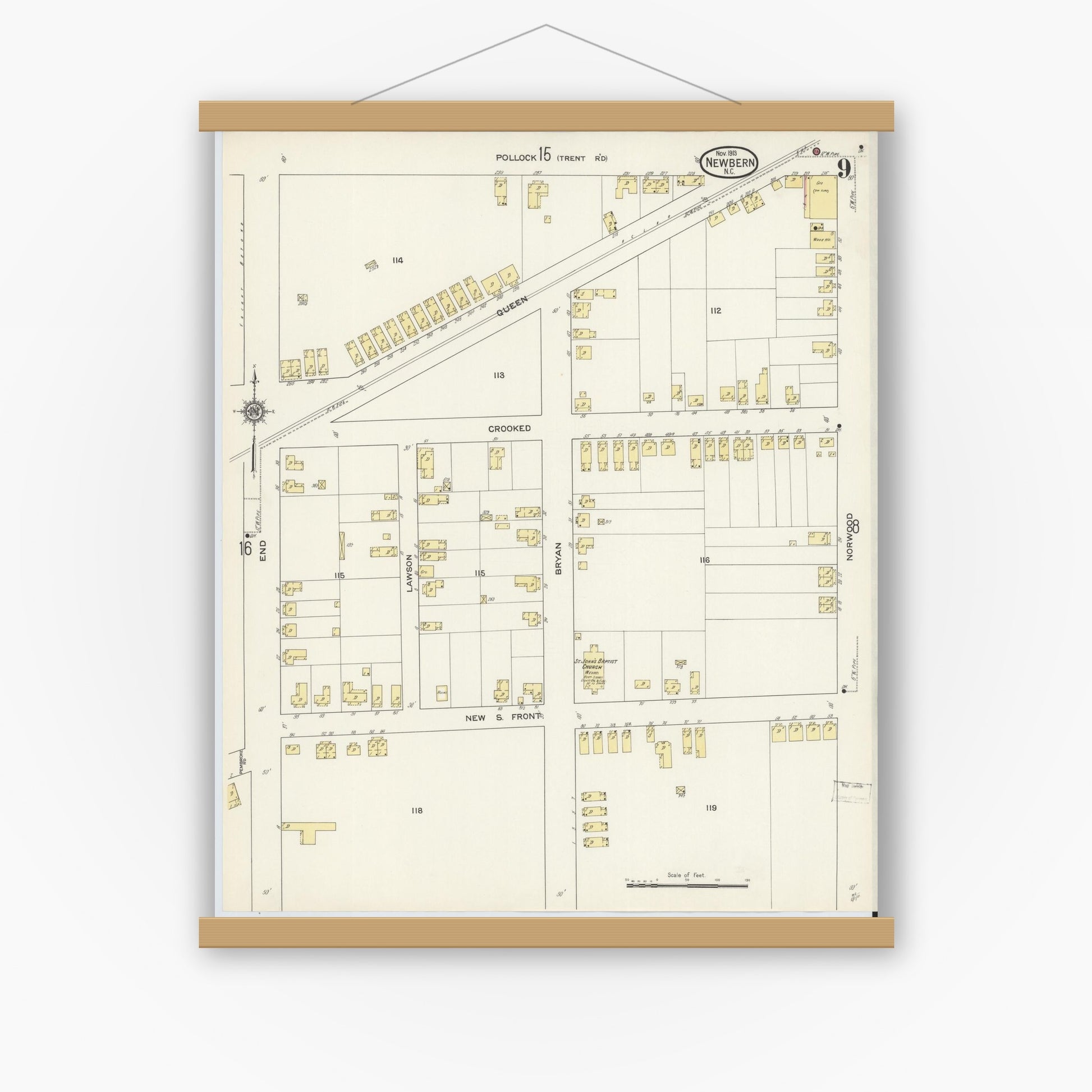 Old map wall art mockup — magnetic wood frame on white wall — Sanborn Fire Insurance Map from New Bern, Craven County, North Carolina (1913), Sheet #0009