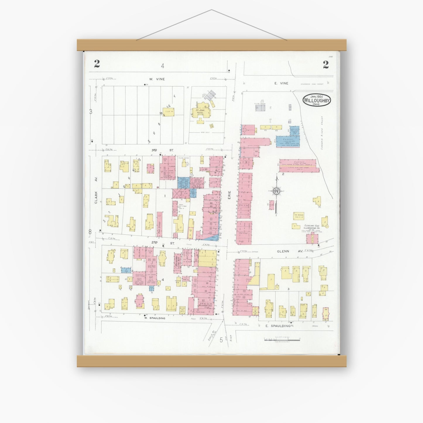 Old map wall art mockup — magnetic wood frame on white wall — Sanborn Fire Insurance Map from Willoughby, Lake County, Ohio (1931), Sheet #0002