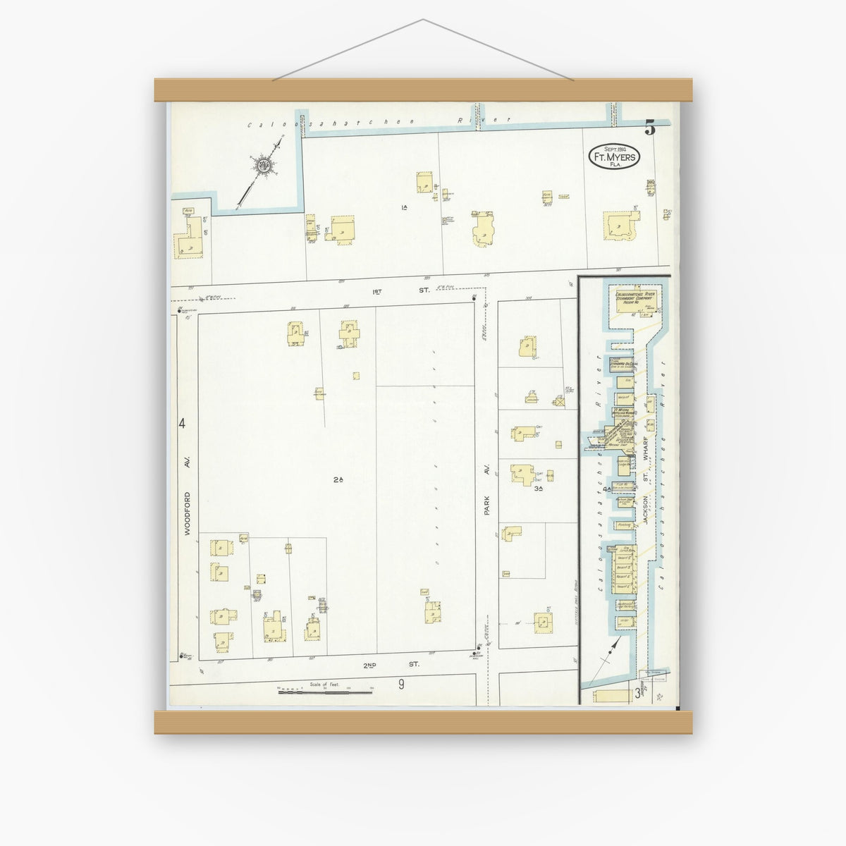 Old map wall art mockup — magnetic wood frame on white wall — Sanborn Fire Insurance Map from Fort Myers, Lee County, Florida (1914), Sheet #0005
