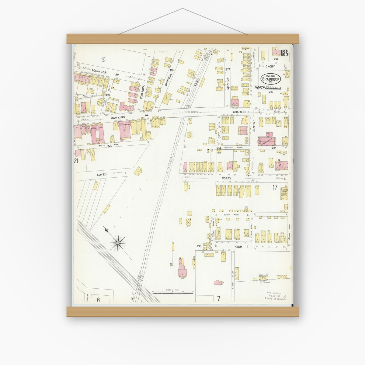 Old map wall art mockup — magnetic wood frame on white wall — Sanborn Fire Insurance Map from Braddock, Allegheny County, Pennsylvania (1908), Sheet #0018