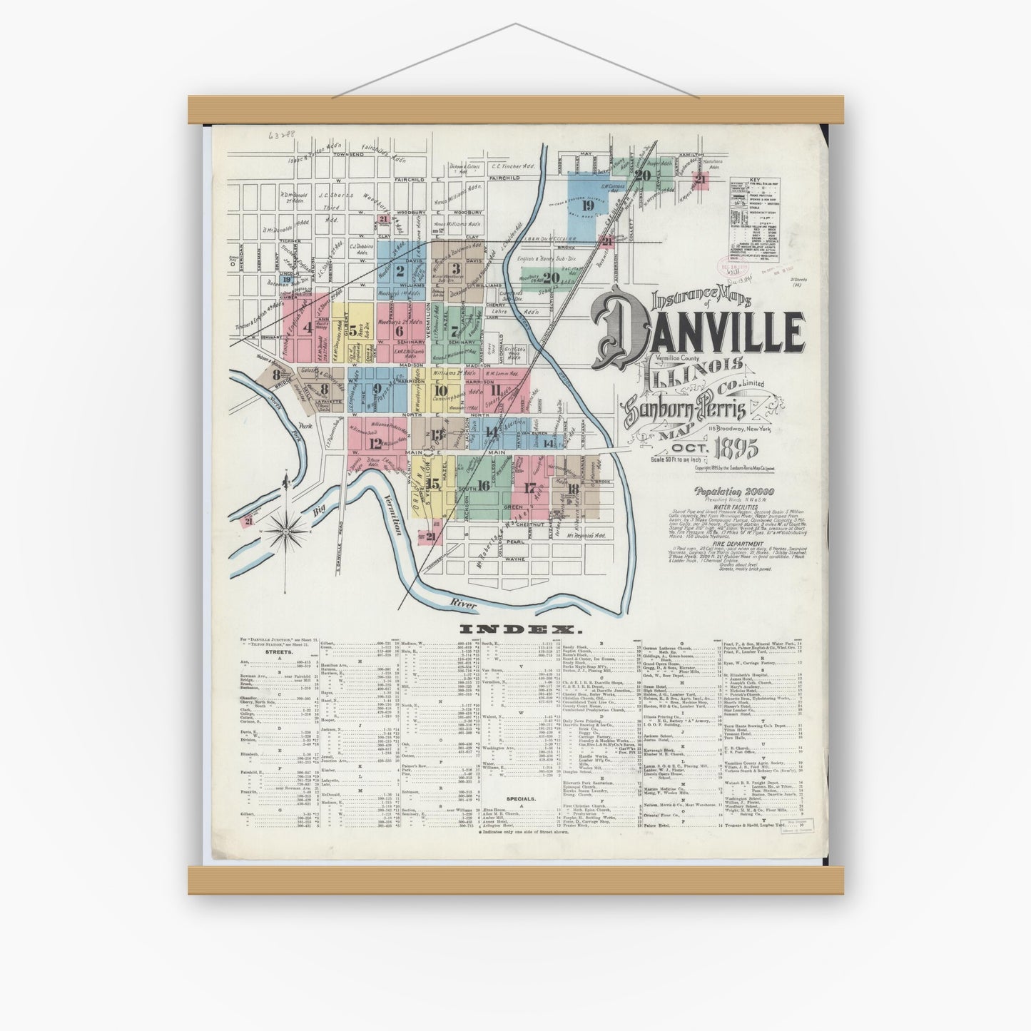 Old map wall art mockup — magnetic wood frame on white wall — Sanborn Fire Insurance Map from Danville, Vermilion County, Illinois (1895) - Complete Map Set
