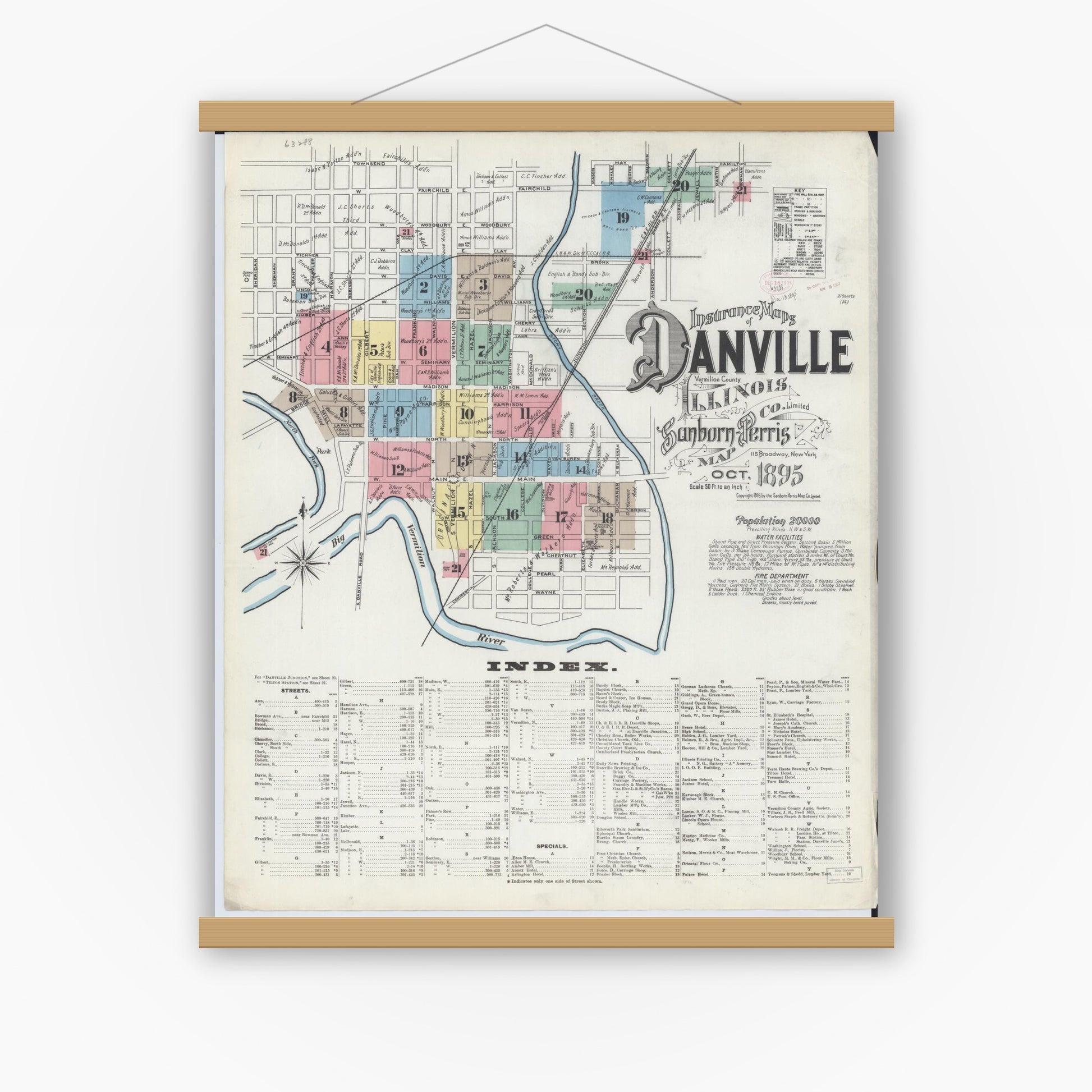 Old map wall art mockup — magnetic wood frame on white wall — Sanborn Fire Insurance Map from Danville, Vermilion County, Illinois (1895) - Complete Map Set