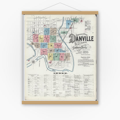 Old map wall art mockup — magnetic wood frame on white wall — Sanborn Fire Insurance Map from Danville, Vermilion County, Illinois (1895) - Complete Map Set