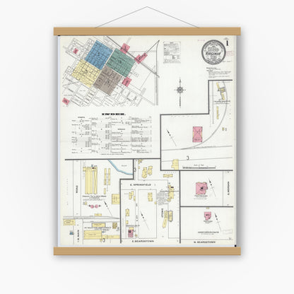 Old map wall art mockup — magnetic wood frame on white wall — Sanborn Fire Insurance Map from Virginia, Cass County, Illinois (1909) - Complete Map Set