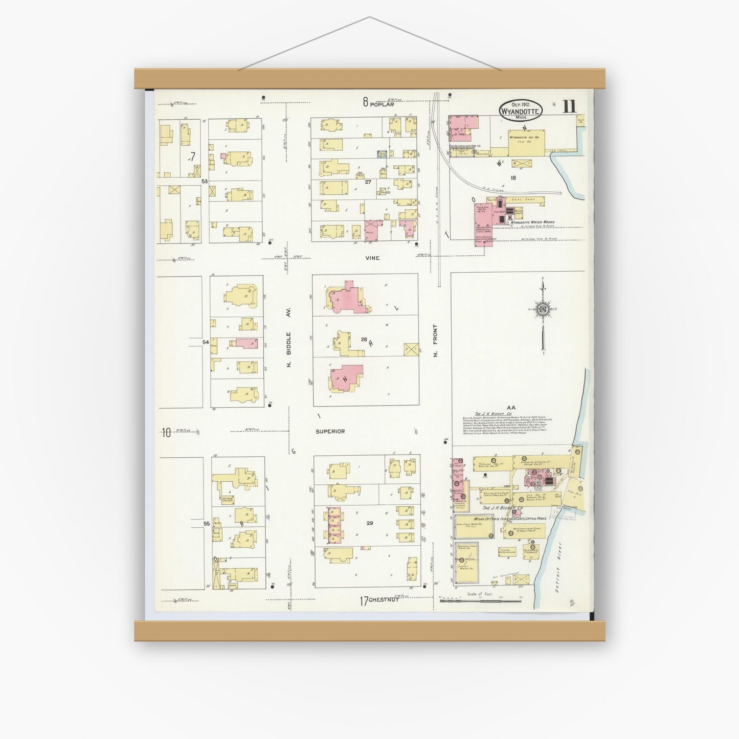 Old map wall art mockup — magnetic wood frame on white wall — Sanborn Fire Insurance Map from Wyandotte, Wayne County, Michigan (1912), Sheet #0011