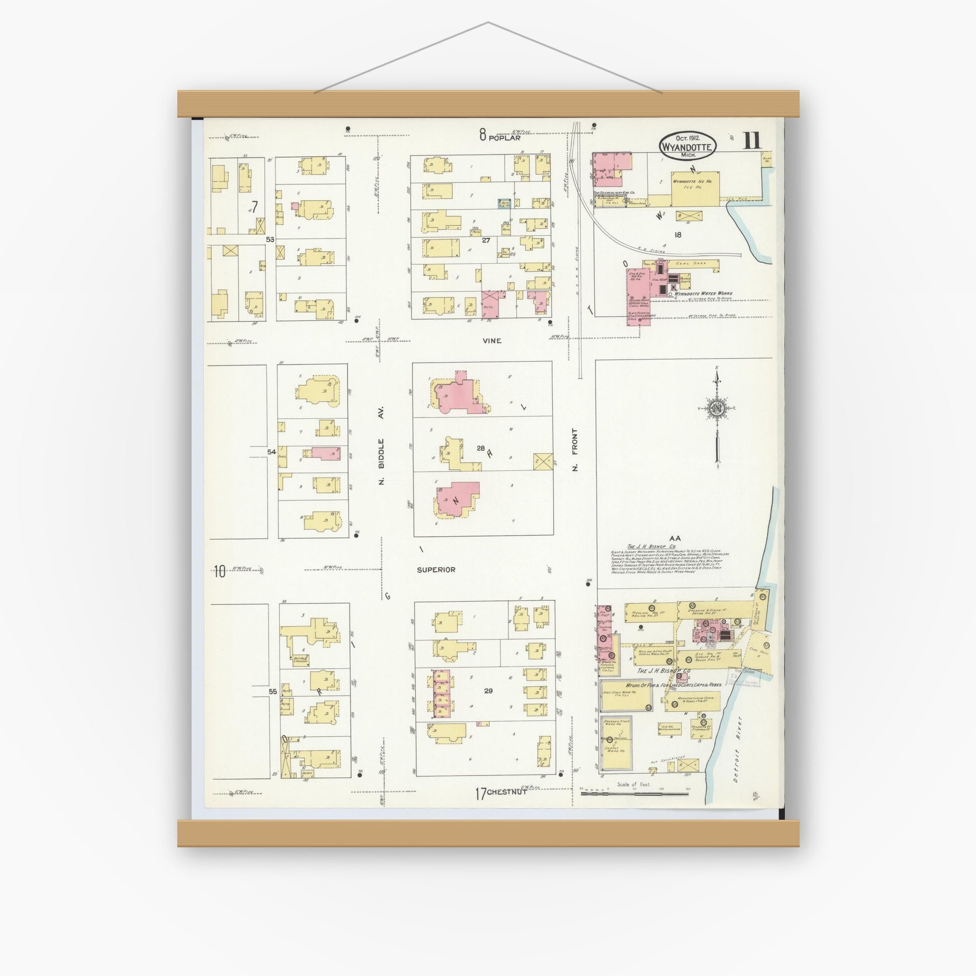 Old map wall art mockup — magnetic wood frame on white wall — Sanborn Fire Insurance Map from Wyandotte, Wayne County, Michigan (1912), Sheet #0011