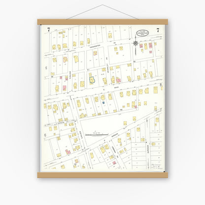 Old map wall art mockup — magnetic wood frame on white wall — Sanborn Fire Insurance Map from Louisville, Stark County, Ohio (1923), Sheet #0007