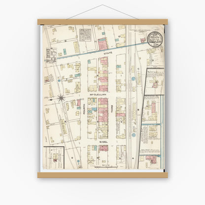 Old map wall art mockup — magnetic wood frame on white wall — Sanborn Fire Insurance Map from Tama, Tama County, Iowa (1883), Sheet #0001