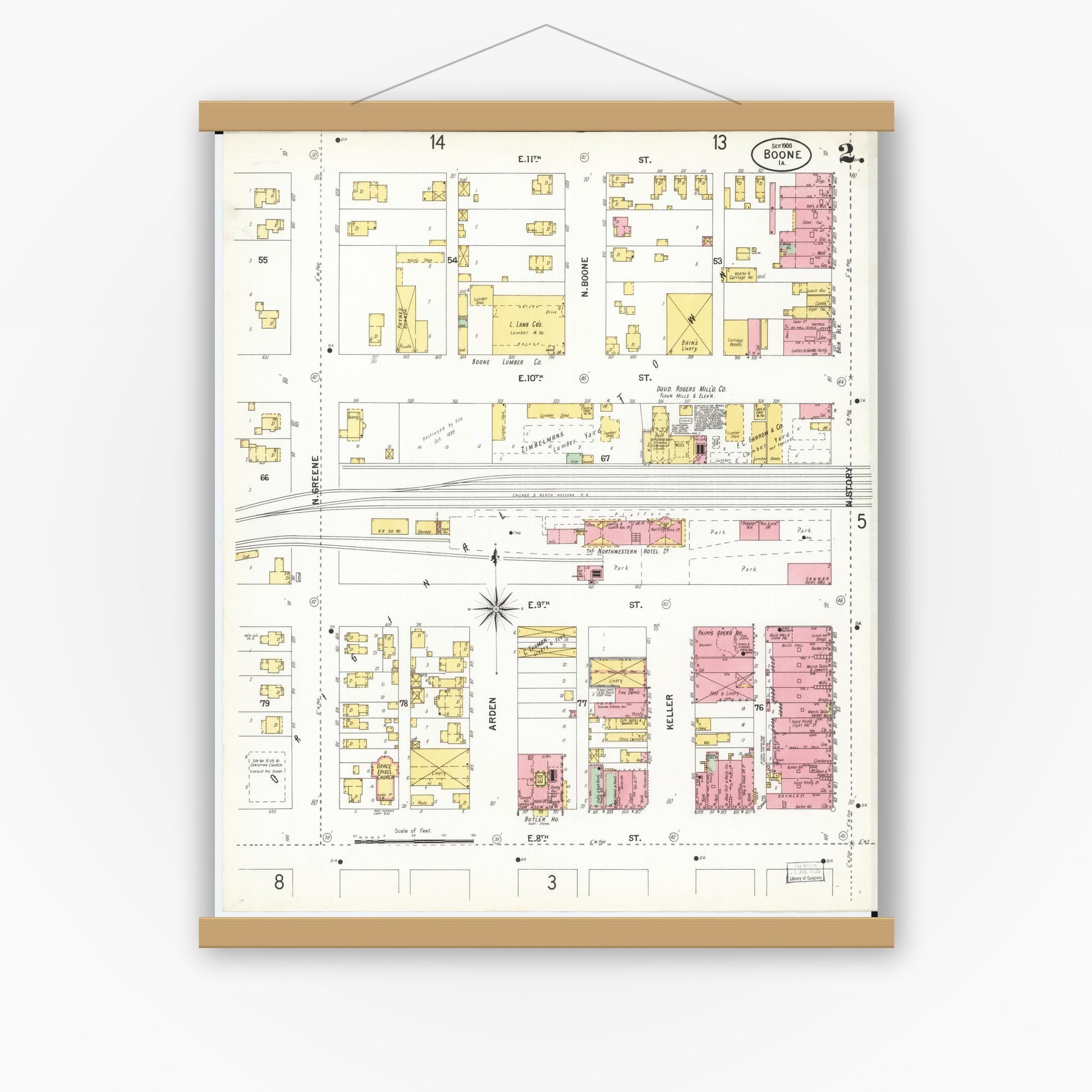 Old map wall art mockup — magnetic wood frame on white wall — Sanborn Fire Insurance Map from Boone, Boone County, Iowa (1900), Sheet #0002