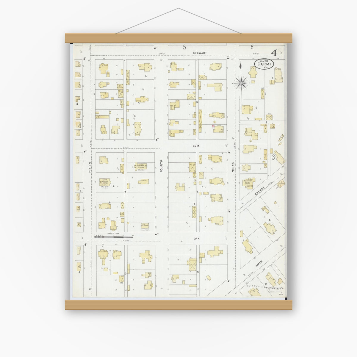 Old map wall art mockup — magnetic wood frame on white wall — Sanborn Fire Insurance Map from Carmi, White County, Illinois (1906), Sheet #0004