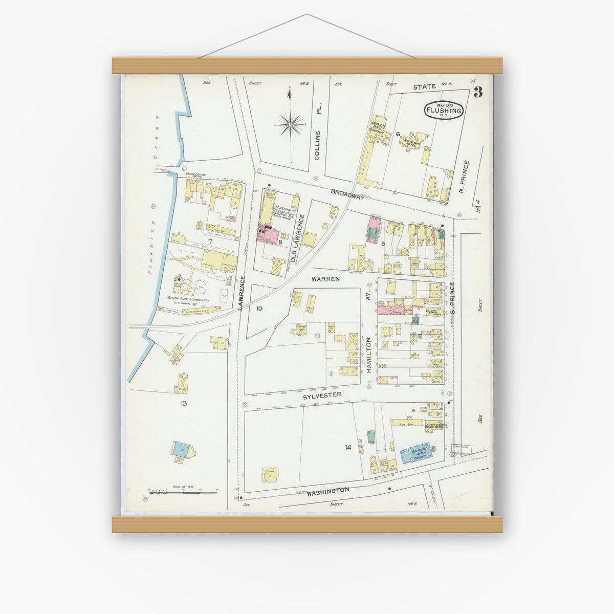 Old map wall art mockup — magnetic wood frame on white wall — Sanborn Fire Insurance Map from Flushing, Queens County, New York (1892), Sheet #0003