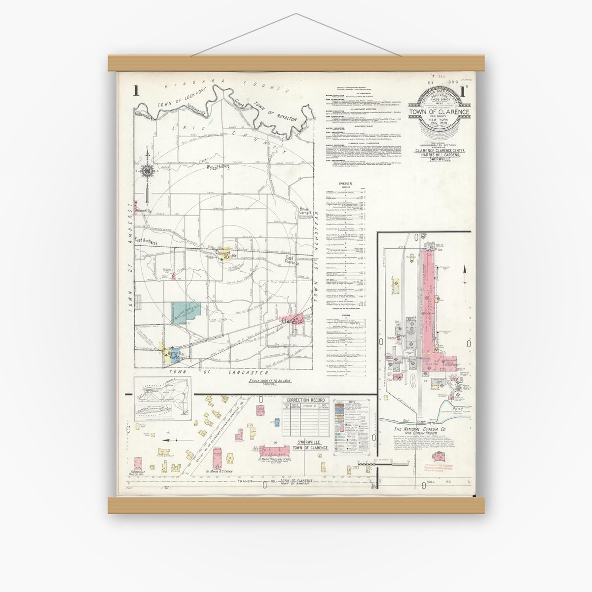 Old map wall art mockup — magnetic wood frame on white wall — Sanborn Fire Insurance Map from Clarence, Erie County, New York (1946), Sheet #0001